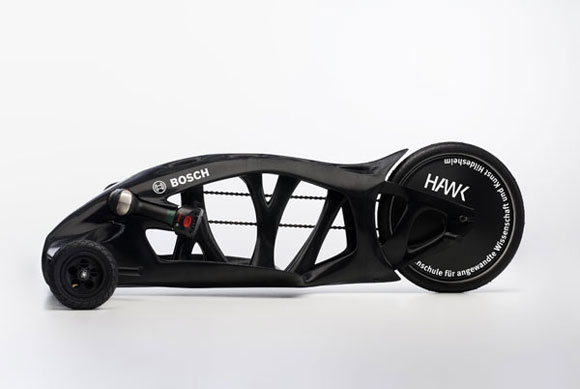 3D Printing Andreas Schulz , Barbara Kotte, Johannes Zäuner, Rebecca Wilting, and Nicolas Eggert. Rapid Racer, 2011. Acrylonitrile butadiene styrene (ABS), 27.56 lbs. Manufactured by Faculty of Design, Hochschule für angewandte Wissenschaft und Kunst (HAWK), and Stratasys Ltd, USA. Photo by Johannes Roloff/HAWK.